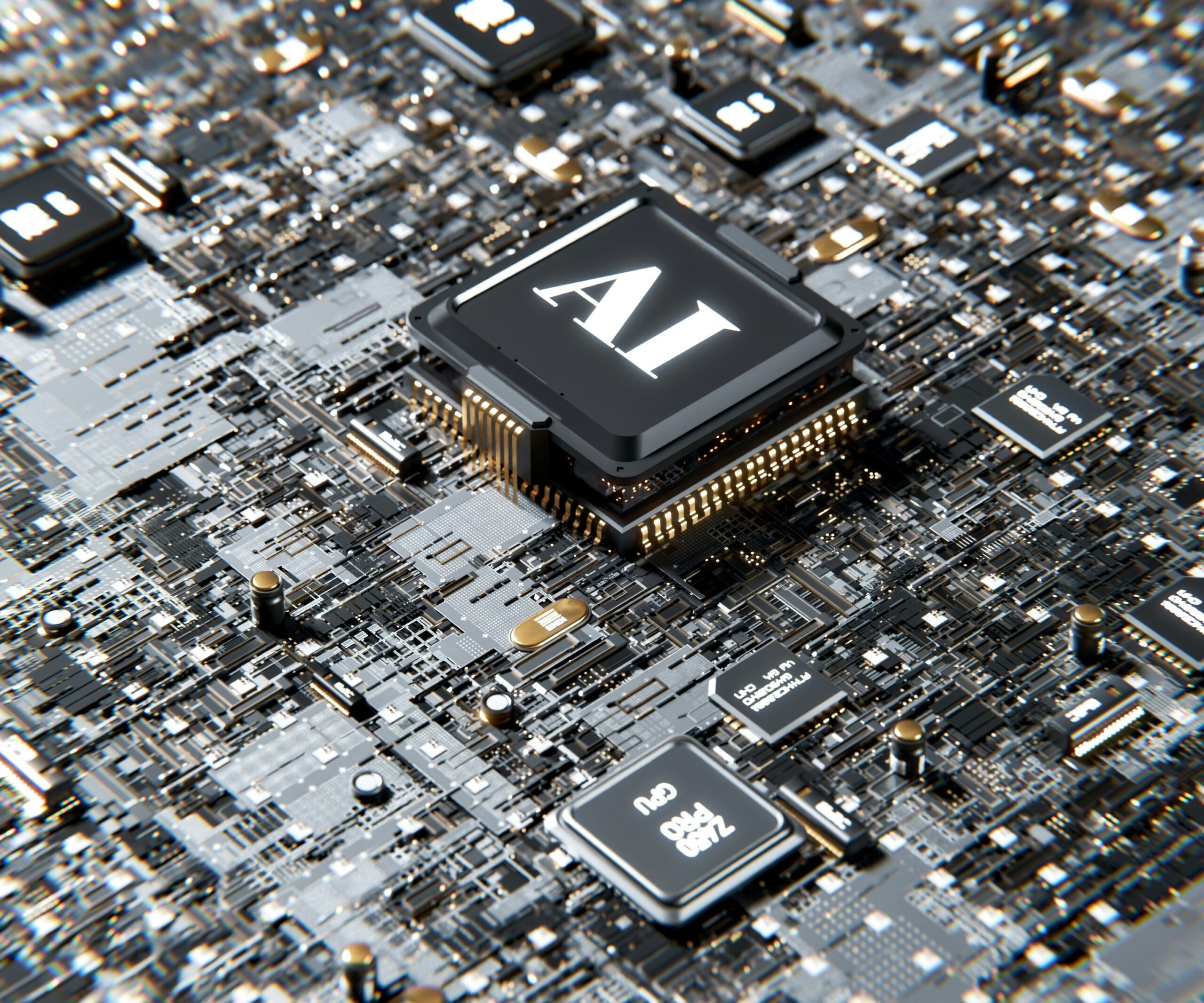 Abbildung einer Platine mit einem AI-Chip in der Mitte.