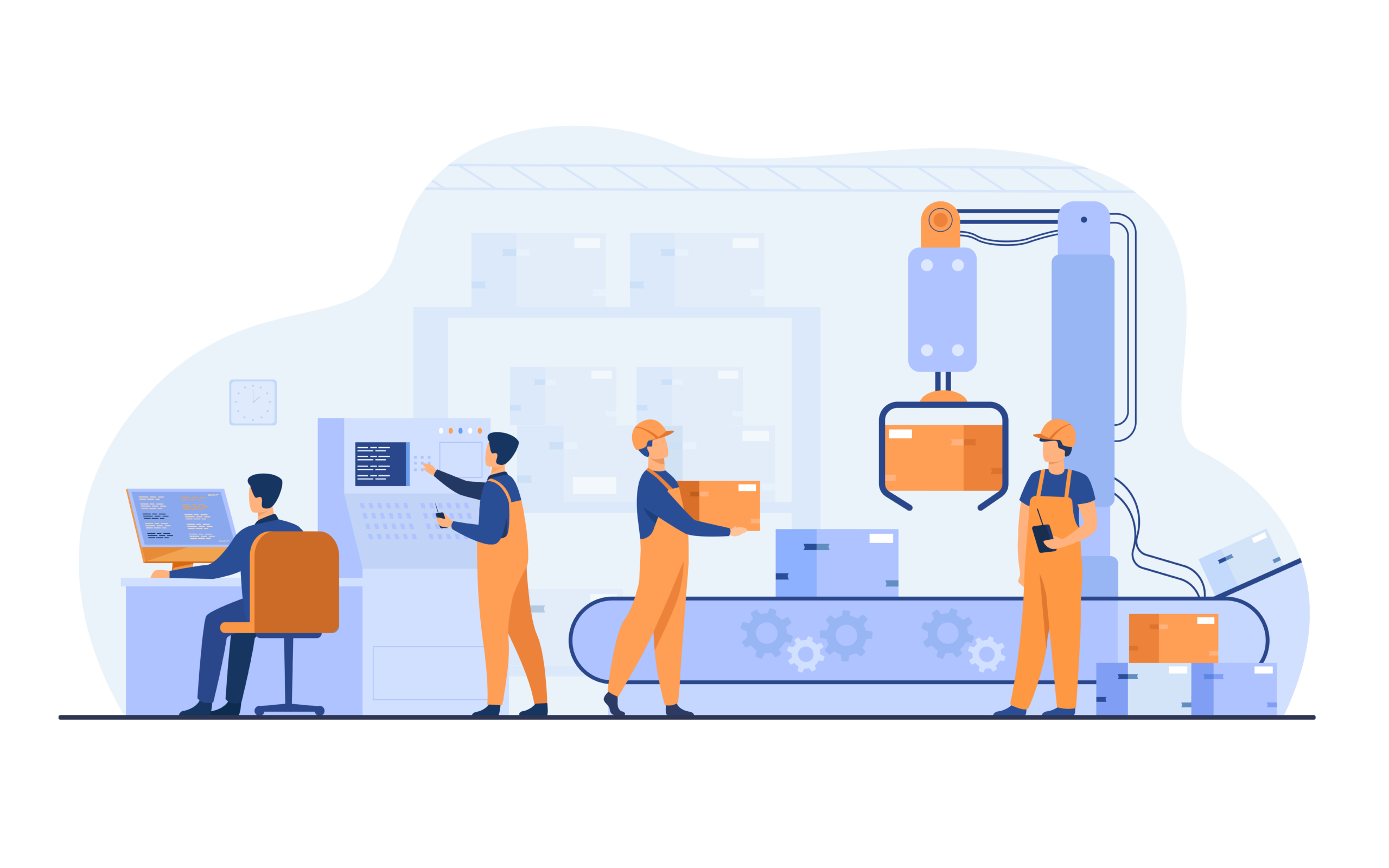 Illustration von mehreren Personen vor einem Fließband und Computer.