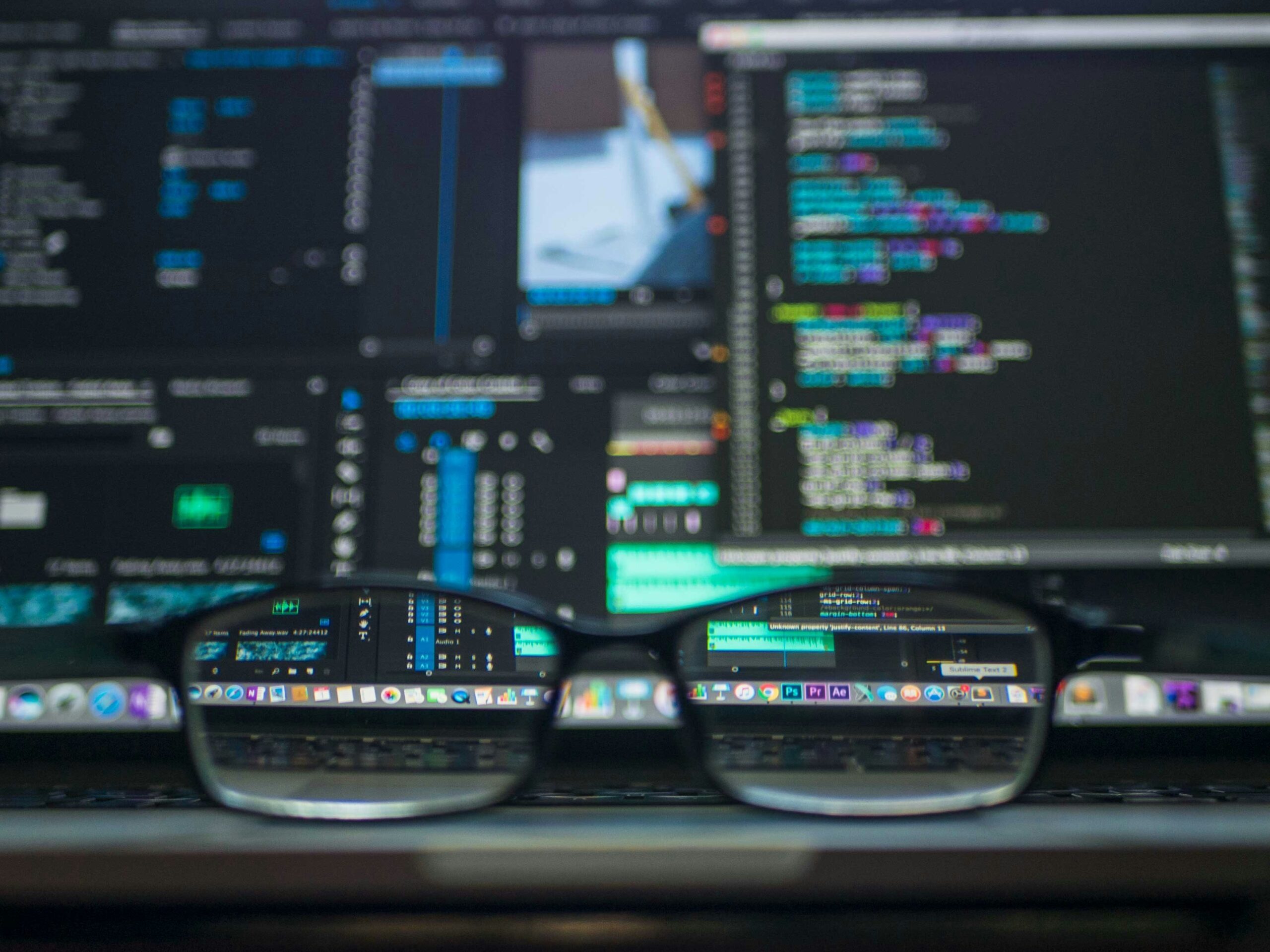 Eine Brille auf einem Laptop liegend, im Hintergrund Programmiercode am Bildschirm.